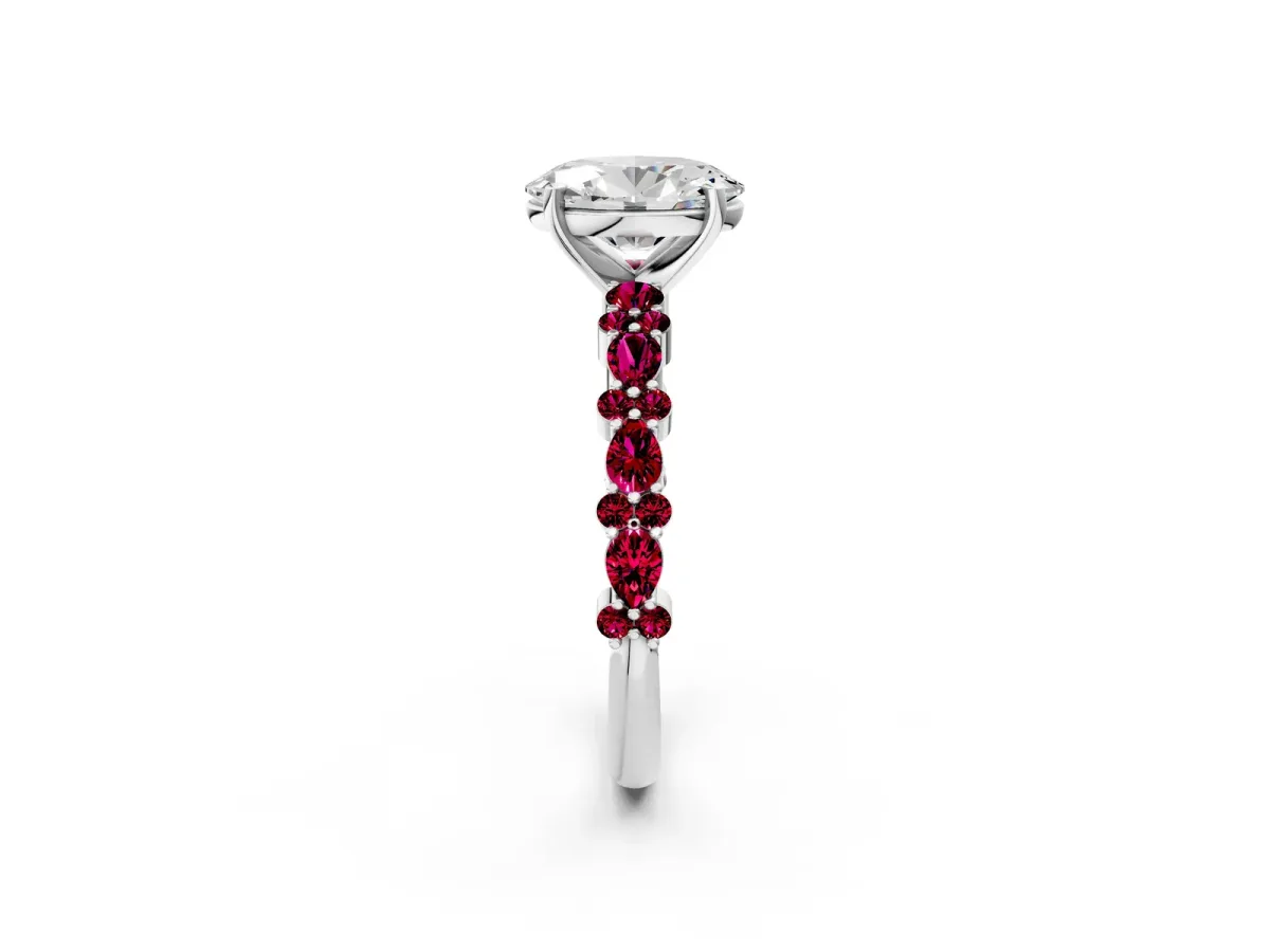 Oval Cut Diamond Side Stone Solitaire Ring with Round Garnet and Four-Prong Setting White gold