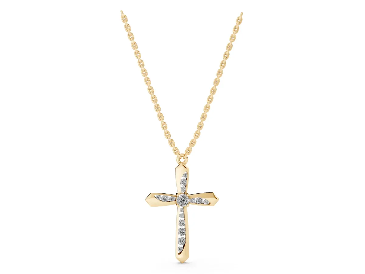 Gold Cross Pendant with Round Cut Stones and Prong Setting Yellow gold