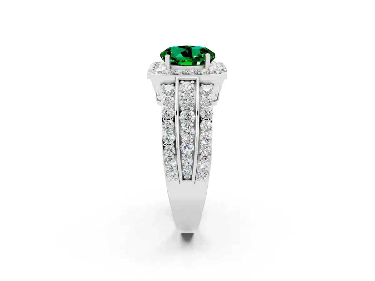 Round Cut Halo Emerald Ring with Round Split Shank and Prong Setting Silver