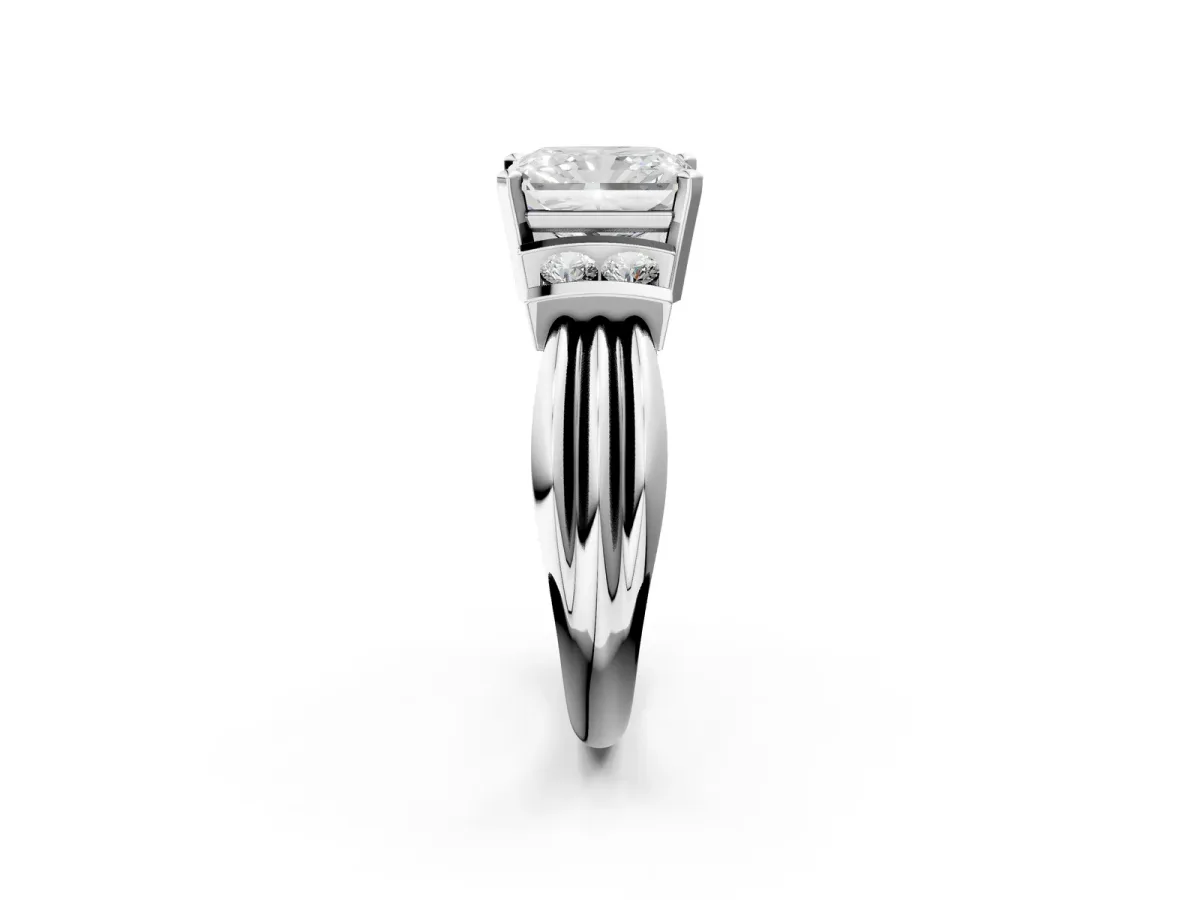 Radiant Cut Cut Three-Stone Channel Set Ring with Bar Prongs Platinum