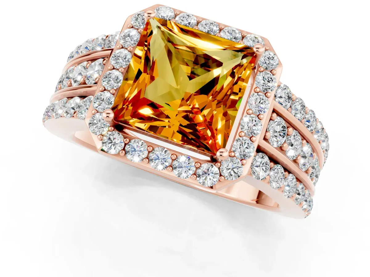 Princess Cut Halo Citrine Ring with Round Split Shank and Prong Setting Rose gold