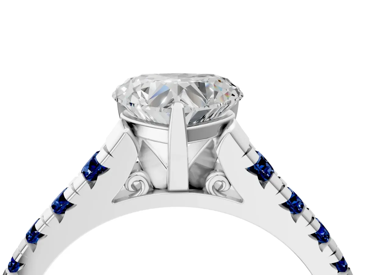 Heart Cut Diamond Cathedral Solitaire Ring with Round Blue Sapphire Pavé Band Silver