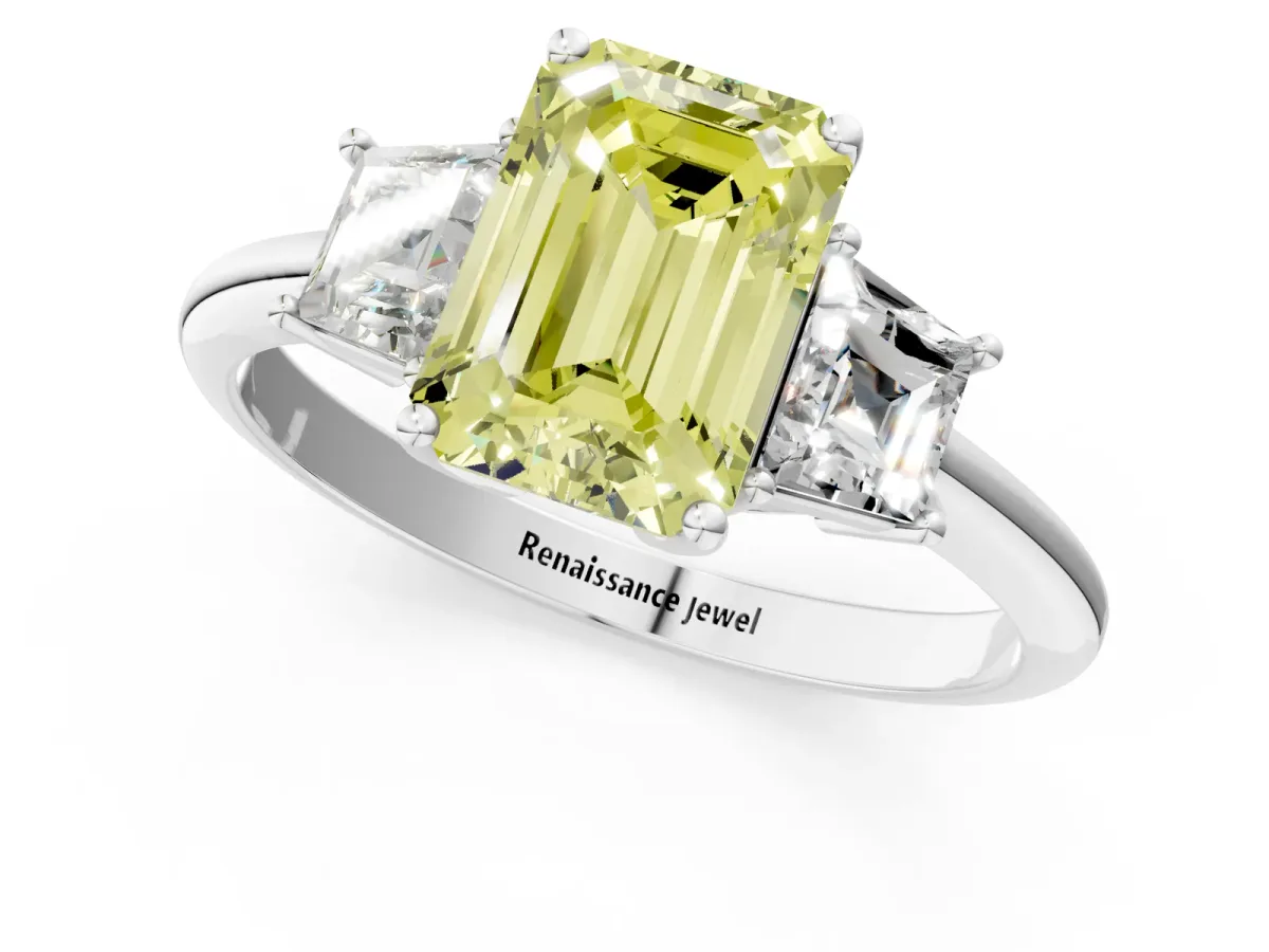 Fancy Yellow Emerald Cut Diamond Three-Stone Ring with Trapezoid Side Stones and Prong Setting Platinum