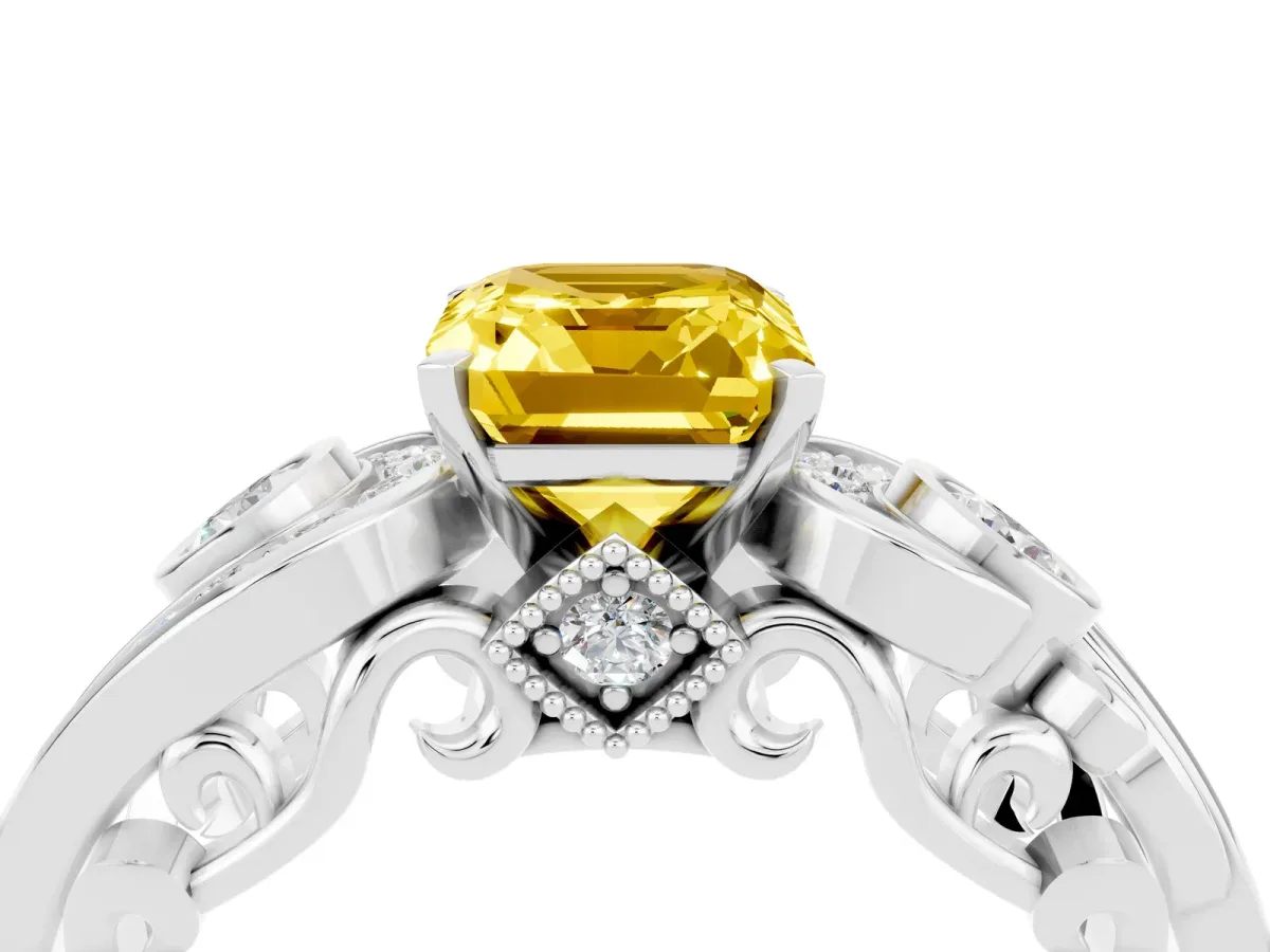 Emerald Cut Yellow Sapphire Solitaire Ring with Milgrain Pavé Band and Four-Prong Setting Silver