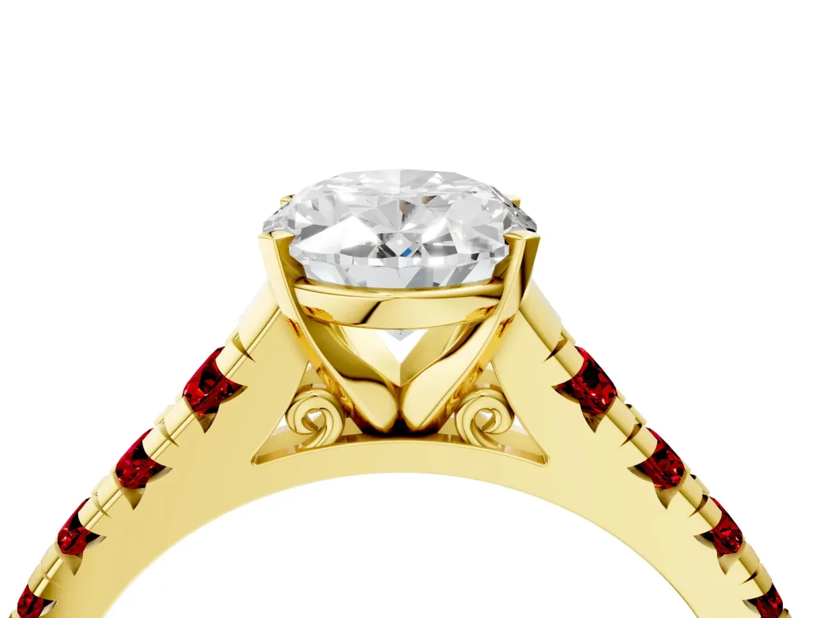 Oval Cut Diamond Cathedral Solitaire Ring with Round Ruby Pavé Band Yellow gold