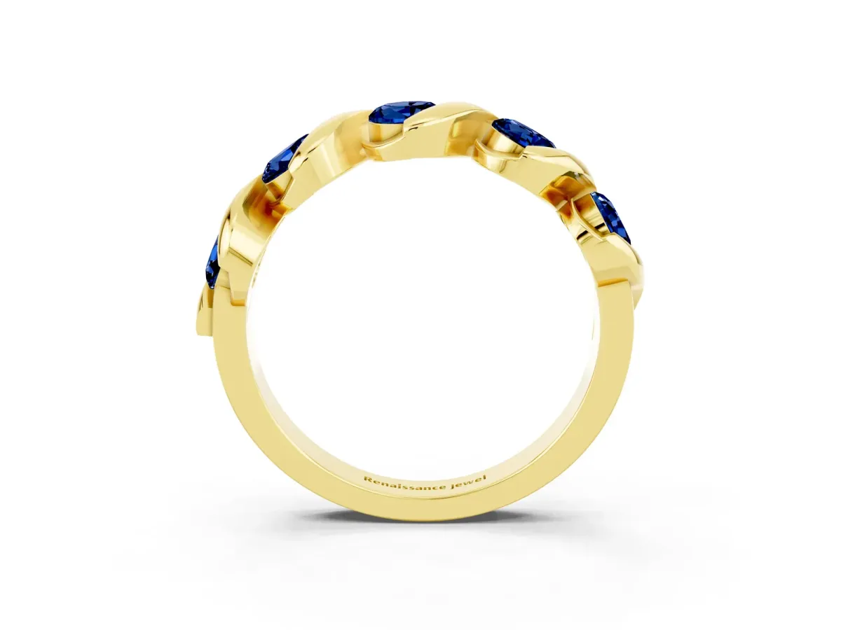 Round Blue Sapphire Wave Band with Channel Setting and Shared Prongs Yellow gold