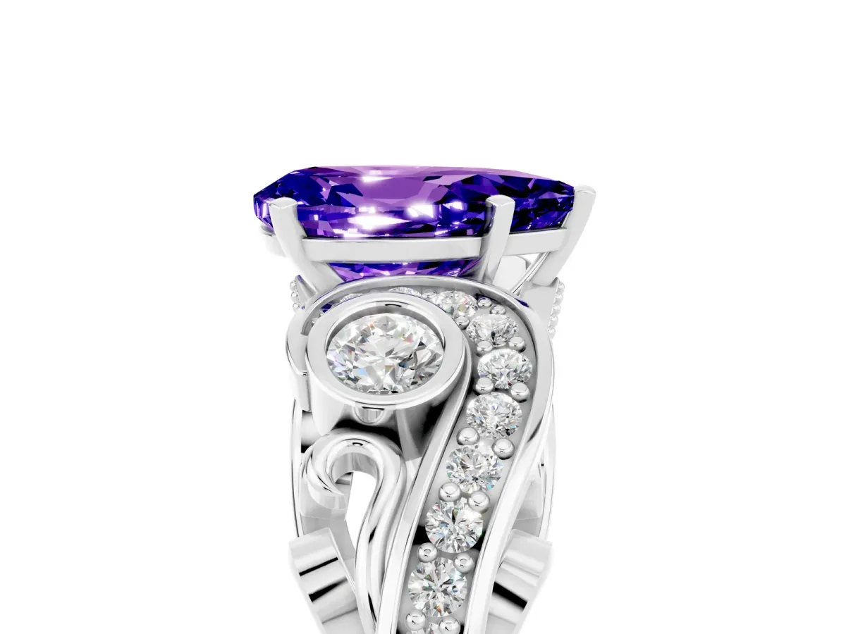 Pear Cut Tanzanite Solitaire Ring with Milgrain Pavé Band and Four-Prong Setting Silver