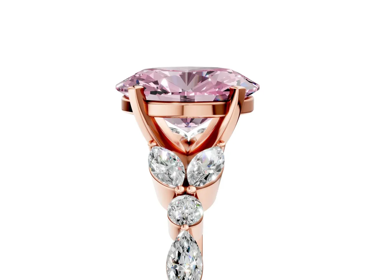 Fancy Pink Oval Cut Diamond Solitaire Ring with Side Stones and Four-Prong Setting Rose gold