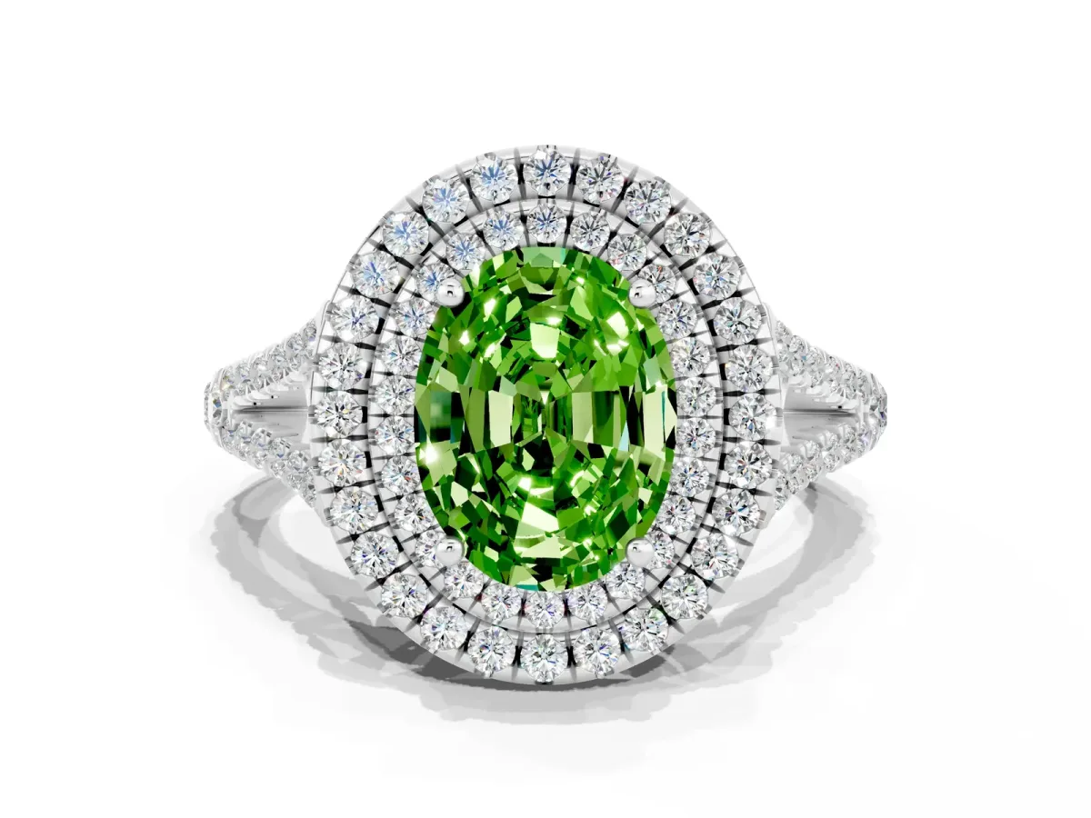 Oval Cut Peridot Double Halo Ring with Pavé Band and Prong Setting Silver