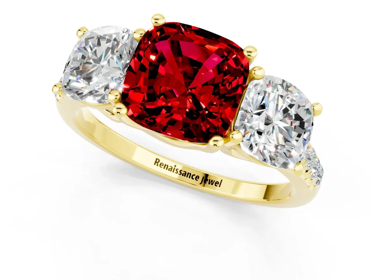 Three-Stone Cushion Cut Ruby Ring with Round Pavé Band and Prong Setting Yellow gold