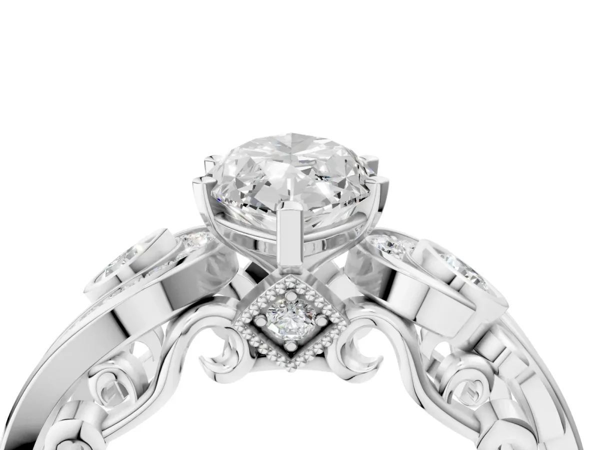 Marquise Cut Diamond Solitaire Ring with Milgrain Pavé Band and Four-Prong Setting Silver