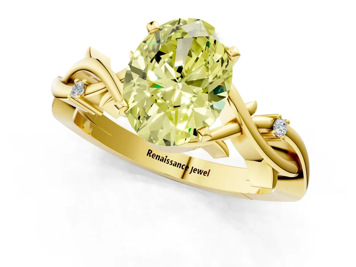 Fancy Yellow Oval Cut Diamond Solitaire Ring with Twisted Band and Prong Setting Yellow gold