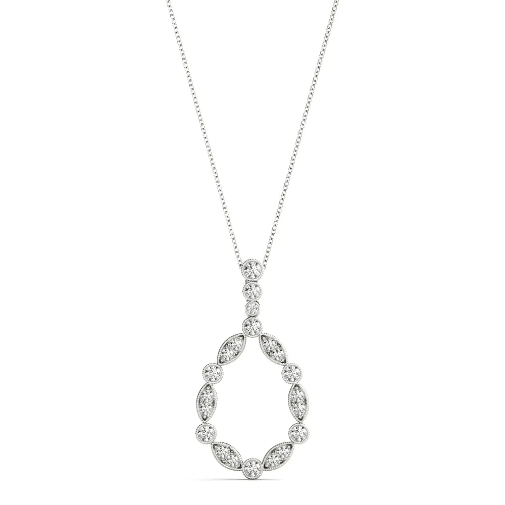 Round and Marquise Diamond Milgrain Prong Pendant Silver