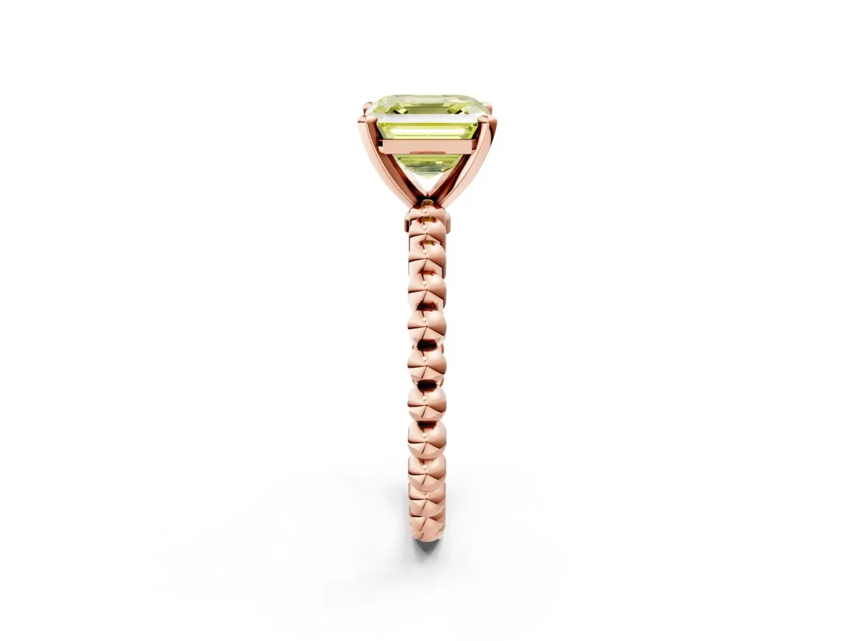 Fancy Yellow Asscher Cut Diamond Solitaire Ring with Beaded Band and Prong Setting Rose gold