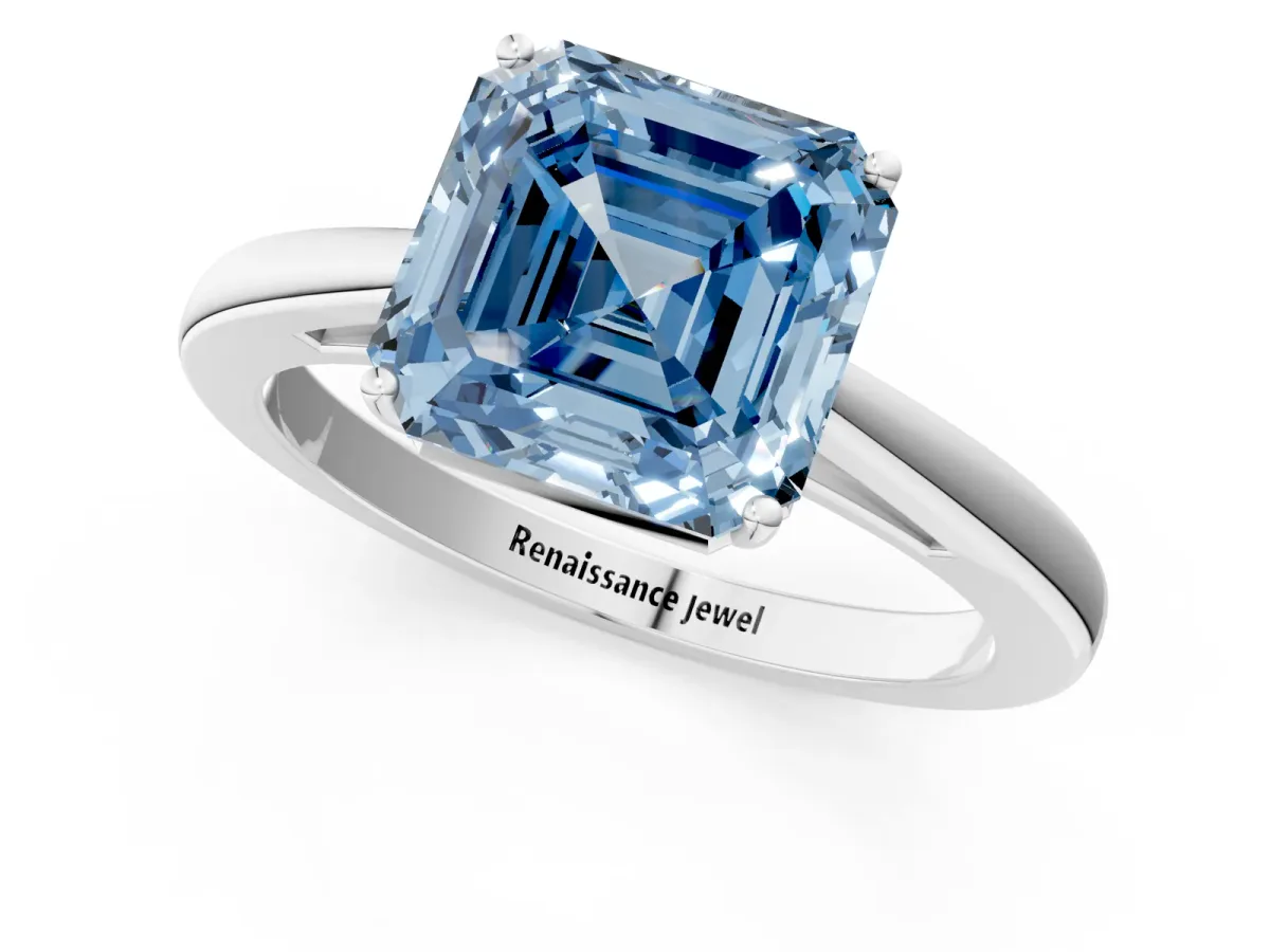 Fancy Blue Asscher Cut Solitaire Diamond Ring with Split Shank and Four-Prong Setting Platinum
