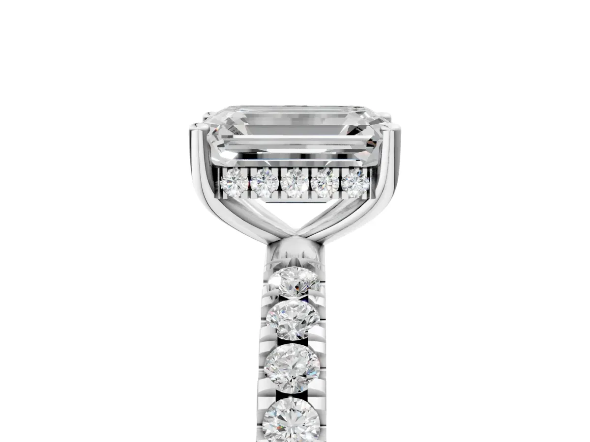 Emerald Cut Diamond Pave Band Solitaire Ring with Round Moissanite and Prong Setting Platinum