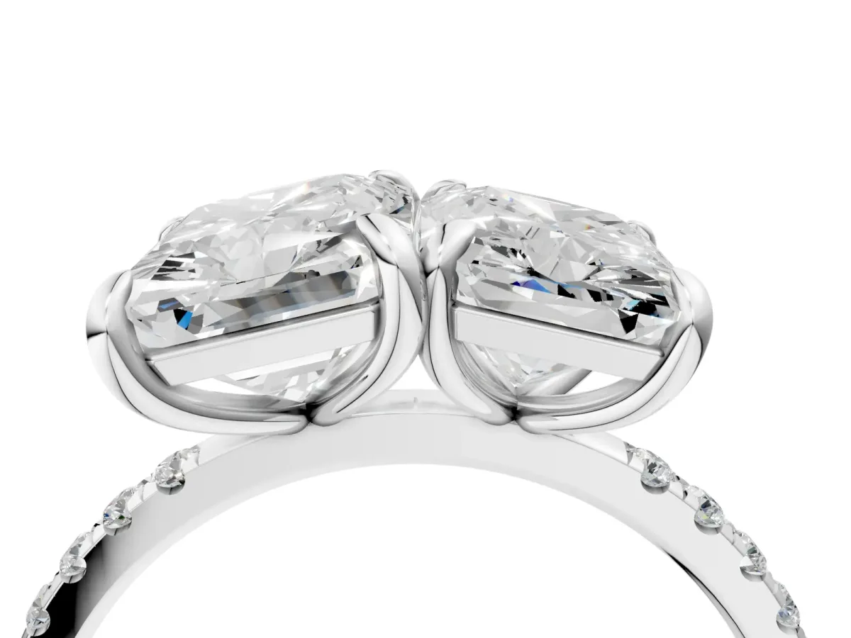 Emerald and Radiant Toi Moi Ring with Prong Setting and Pave Band Silver