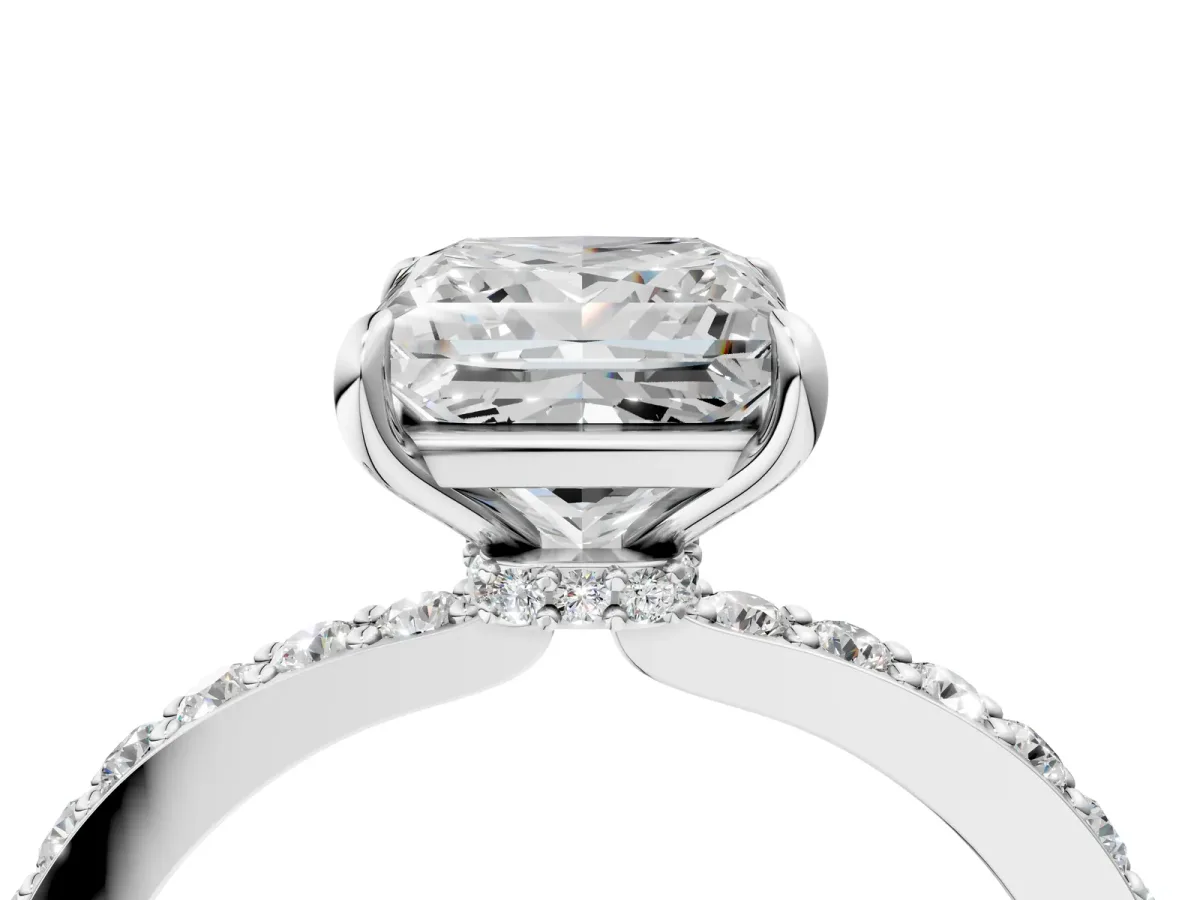 Princess Cut Diamond Solitaire Engagement Ring with Pavé Band and Four-Prong Setting Silver