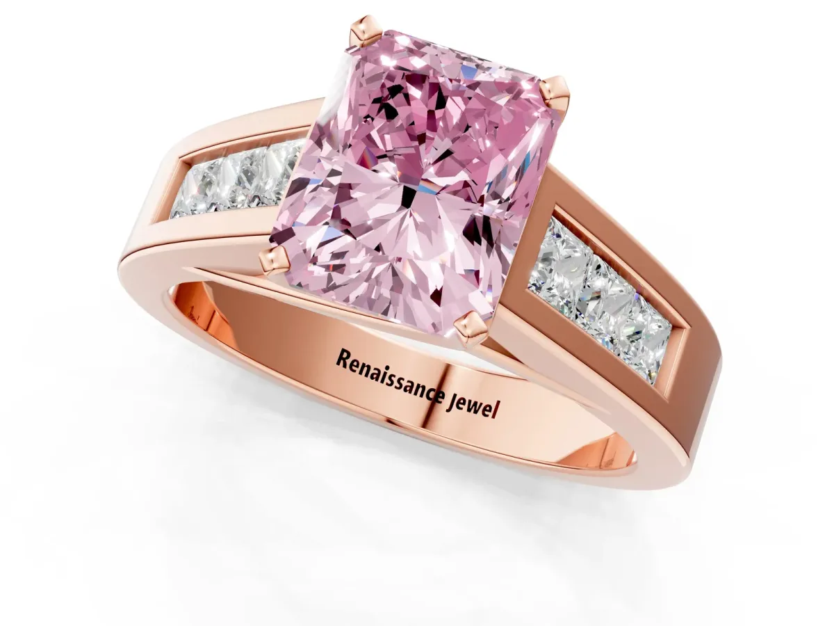 Fancy Pink Radiant Cut Cut Channel Set Solitaire Ring with Four-Prong Setting Rose gold