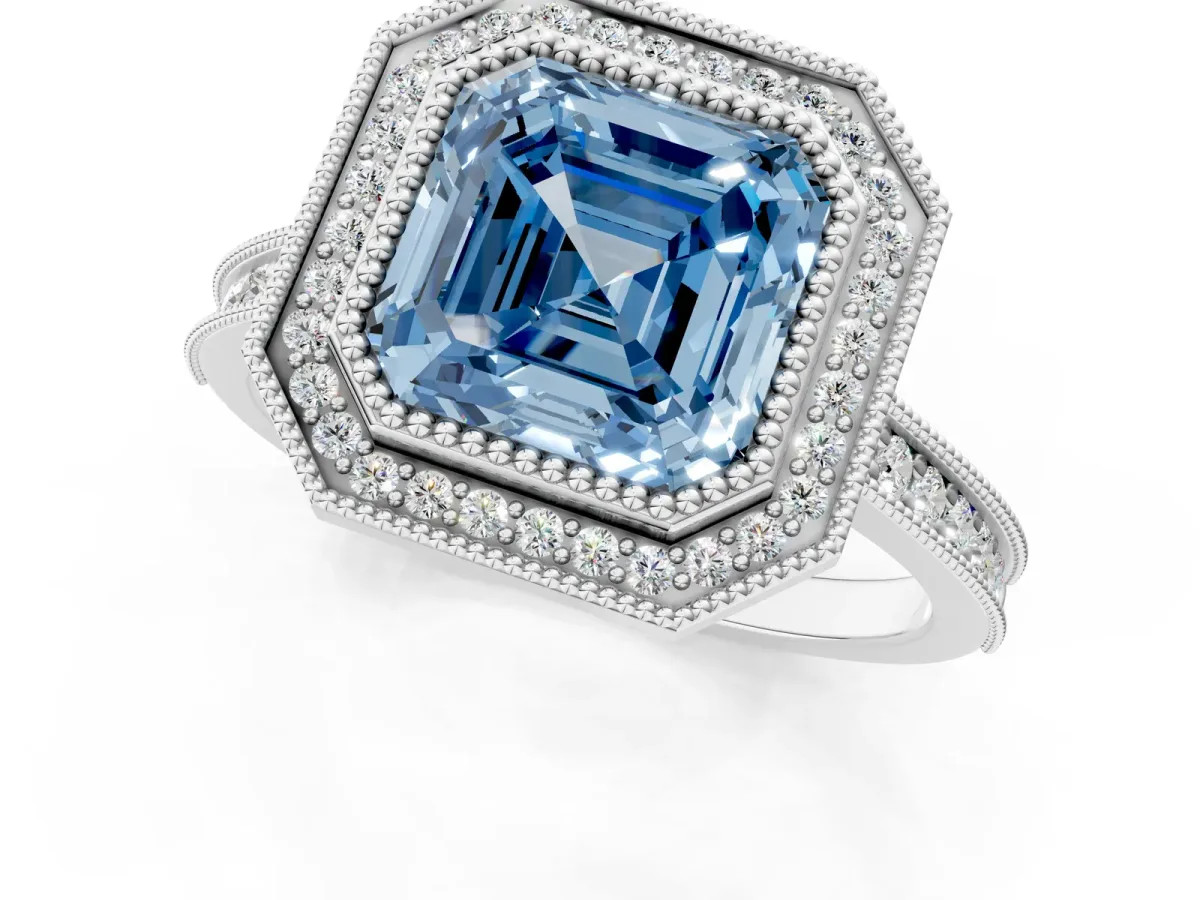 Fancy Blue Halo Asscher Cut-Cut Diamond Pave Band Milgrain Prong Setting Ring Platinum