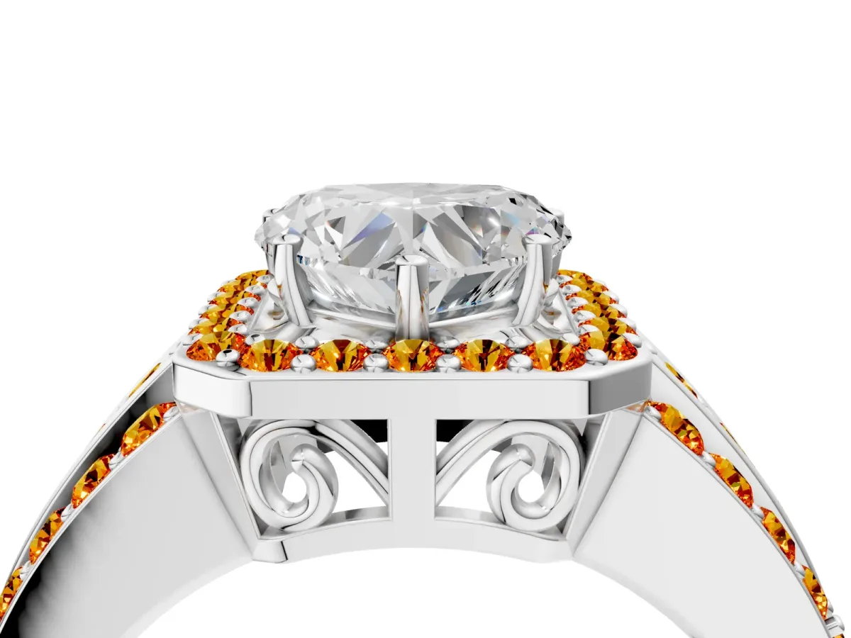 Heart Cut Halo Diamond Ring with Round Citrine Split Shank and Prong Setting Silver