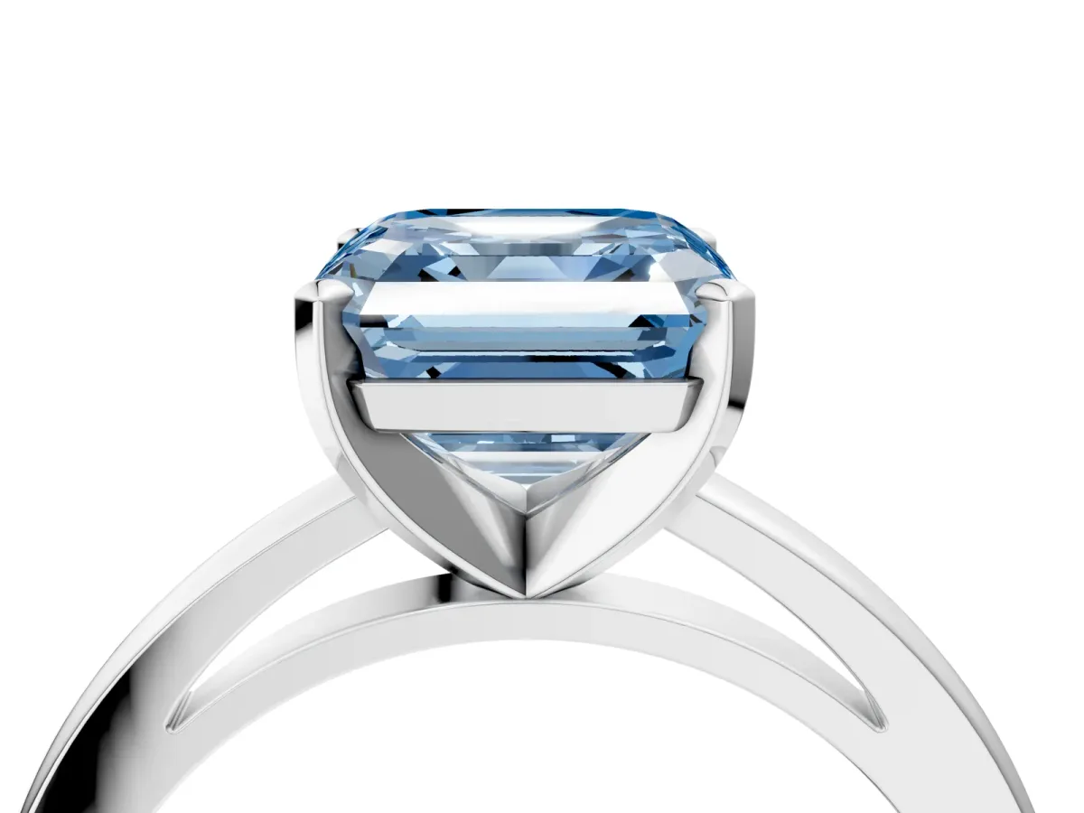 Fancy Blue Asscher Cut Solitaire Diamond Engagement Ring with Four-Prong Setting on a Classic Band Platinum