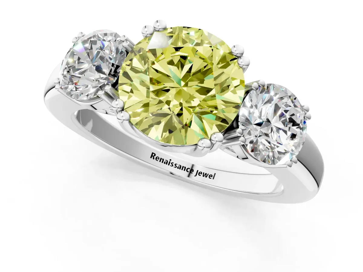 Fancy Yellow Three-Stone Round Cut Cut Diamond Ring with Channel Set Band and Four-Prong Setting Silver