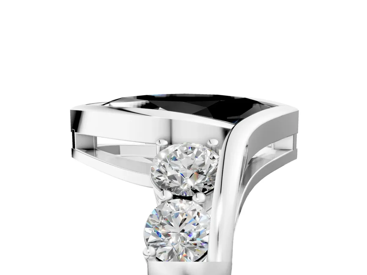 Fancy Black Bezel Set Marquise Cut Diamond Bypass Ring with Round Accents Silver