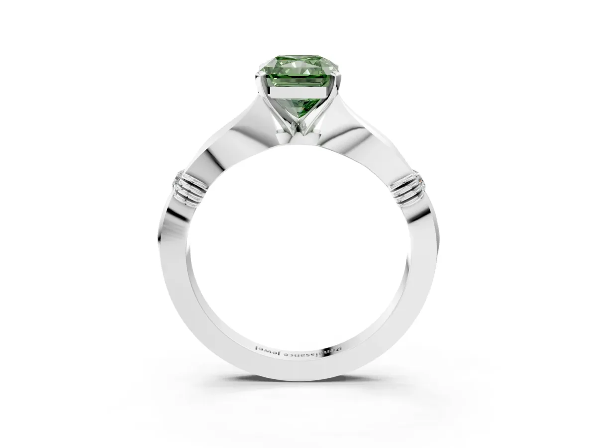 Fancy Green Radiant Cut Solitaire Diamond Twisted Band with Four-Prong Setting Platinum
