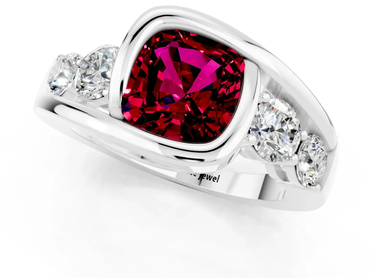 Bezel Set Cushion Cut Garnet Bypass Ring with Round Accents Silver