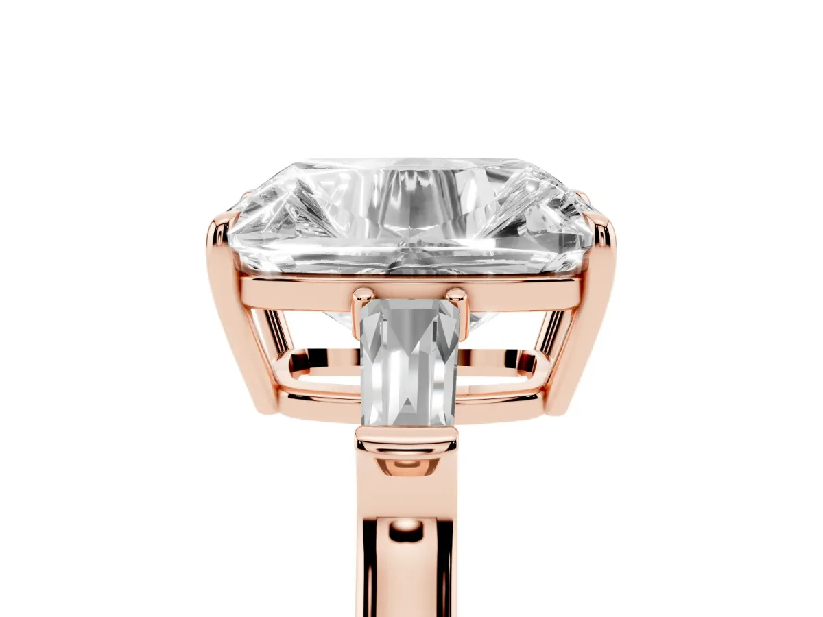 Old Mine Elongated Cushion Diamond with Side Tapered Baguette Three Stone Ring Rose gold