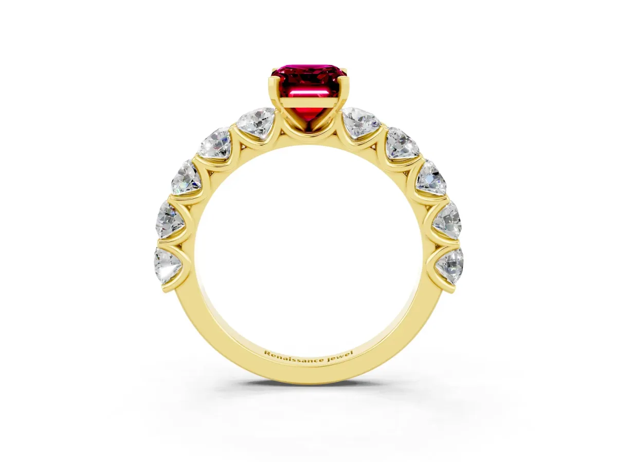 Emerald Cut Garnet Prong Setting with Side Stones on a Pave Band Yellow gold
