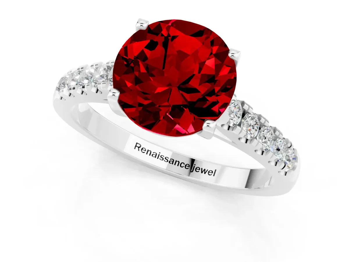 Round Cut Ruby Pavé Band Solitaire Ring with Prong Setting White gold