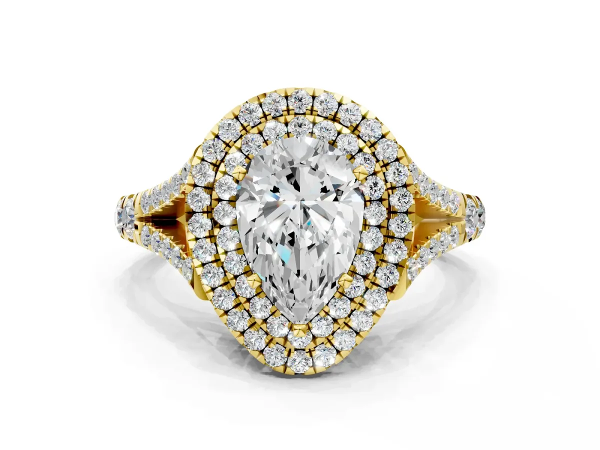 Pear Cut Diamond Double Halo Ring with Split Shank and Prong Setting Yellow gold