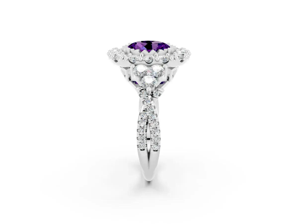 Round Cut Amethyst Halo Ring with Pavé Band and Four-Prong Setting Silver