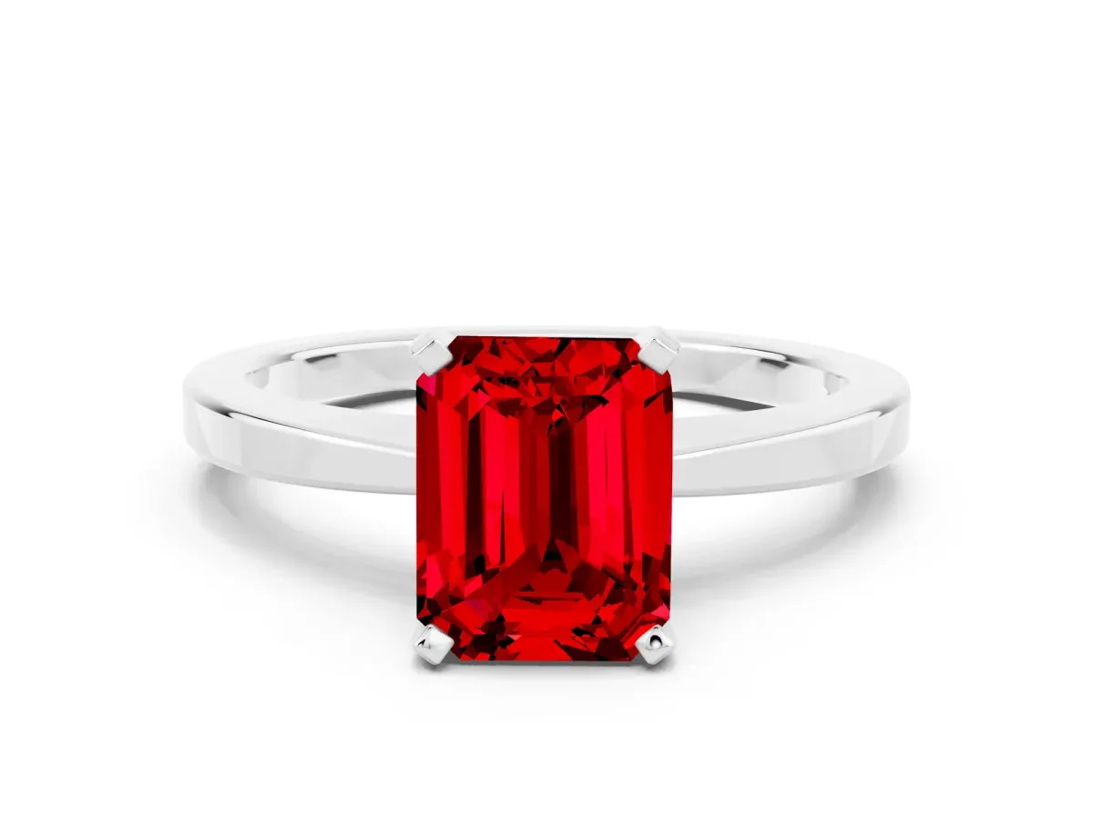 Emerald Cut Ruby Solitaire Engagement Ring with Classic Band and Four-Prong Setting Platinum