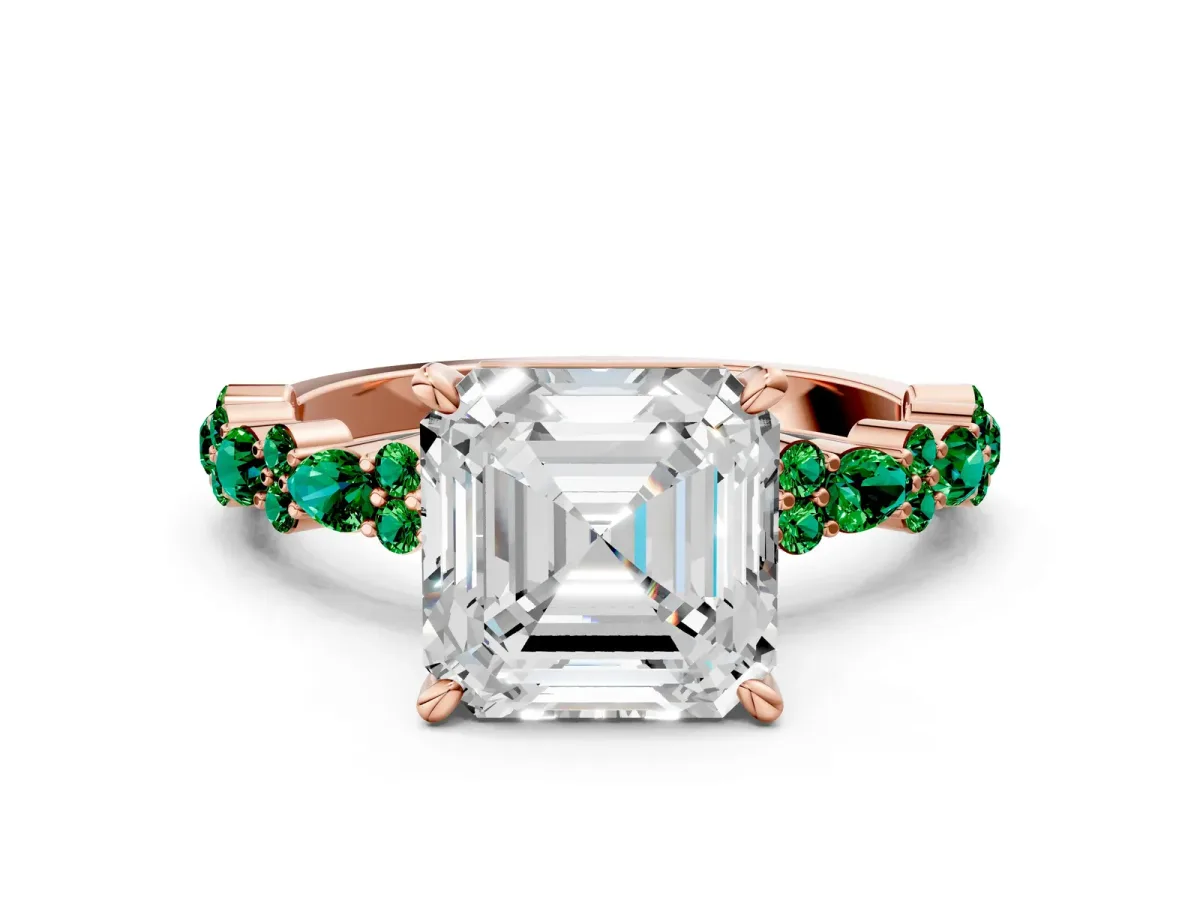 Asscher Cut Diamond Side Stone Solitaire Ring with Round Emerald and Four-Prong Setting Rose gold