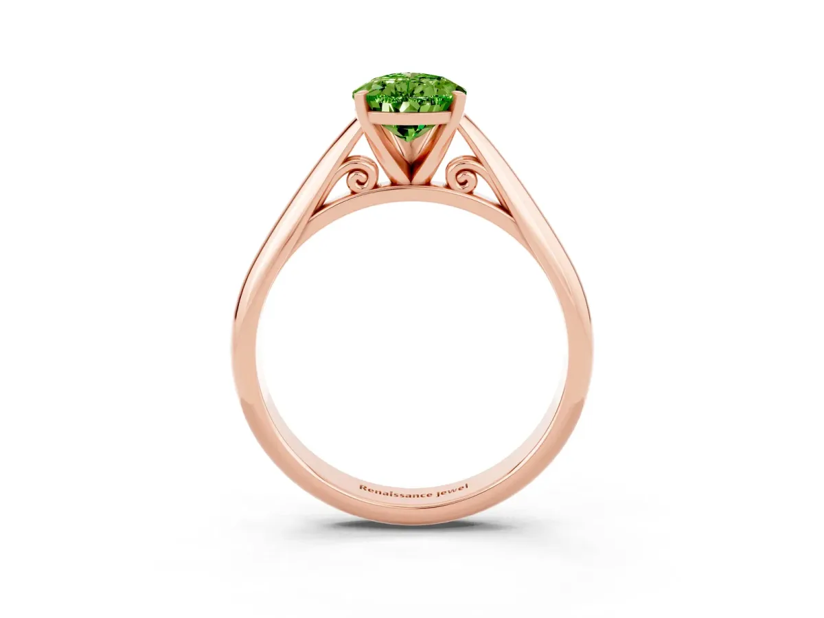 Pear Cut Peridot Solitaire Engagement Ring with Cathedral Setting and Four-Prong Mount Rose gold