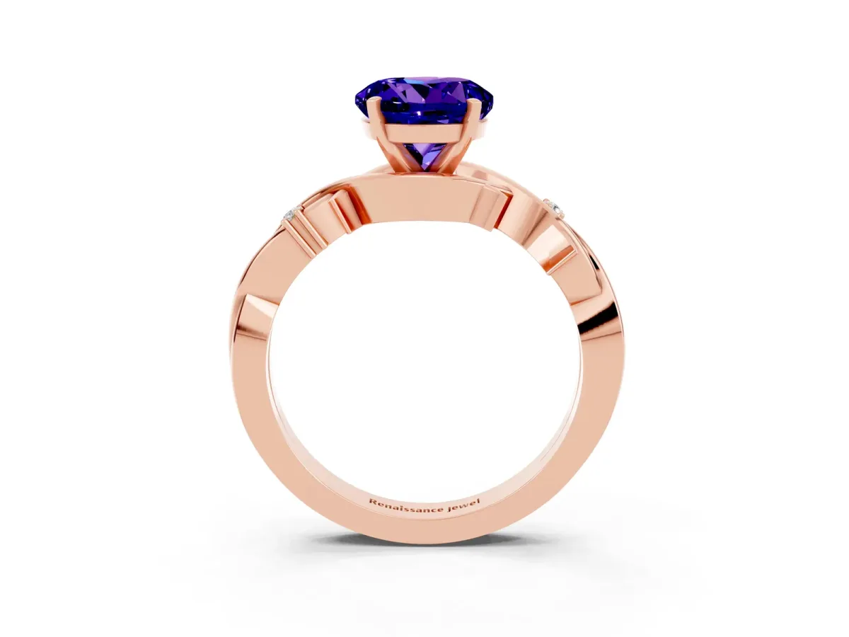 Round Cut Tanzanite Solitaire Ring with Twisted Band and Prong Setting Rose gold