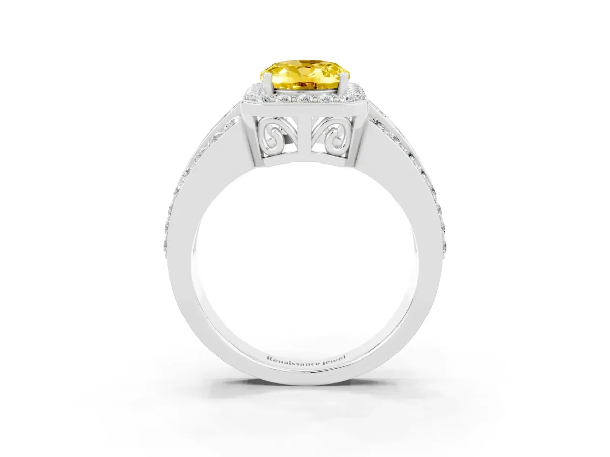 Oval Cut Halo Yellow Sapphire Ring with Round Split Shank and Prong Setting Platinum