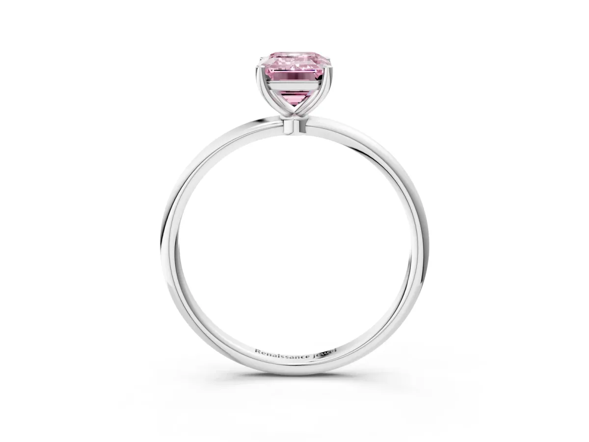 Fancy Pink Emerald Cut Cut Solitaire Engagement Ring with Thin Band and Four-Prong Setting Silver