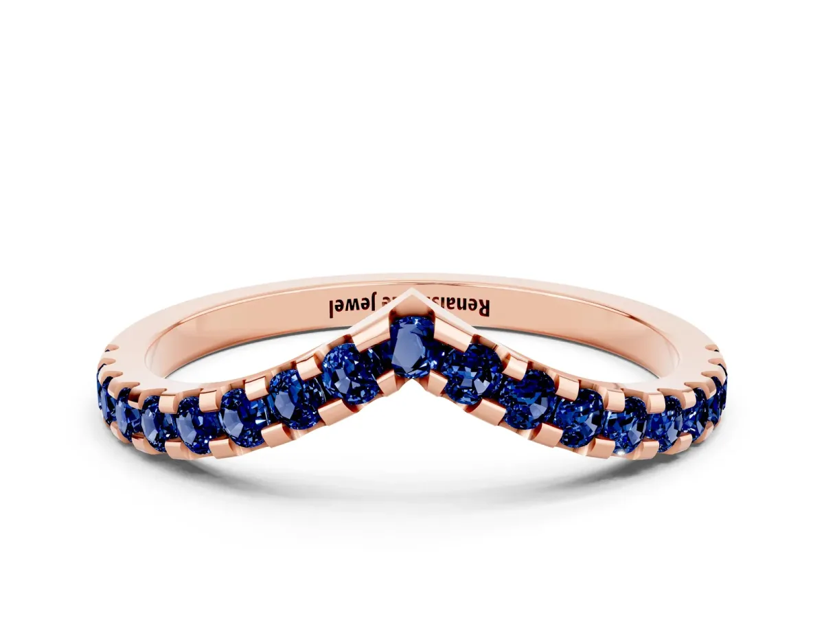 Pavé Round Blue Sapphire Chevron Band with Shared Prong Setting Rose gold