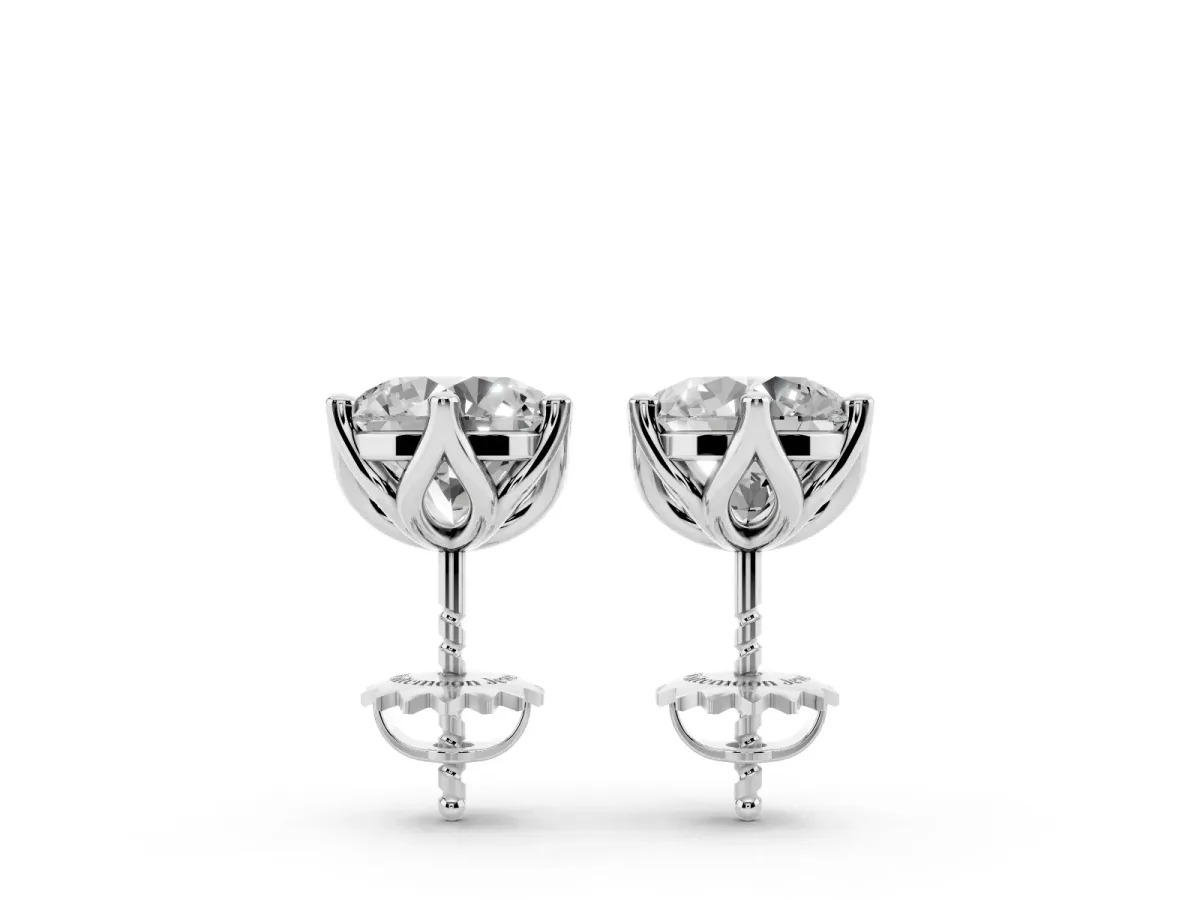 Round Diamond Six Prong Flower Petal Solitaire Stud Earrings White gold