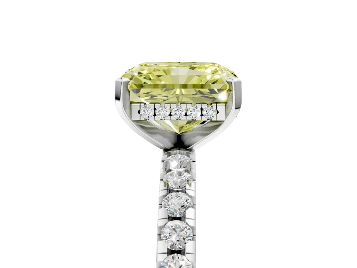 Fancy Yellow Radiant Cut Diamond Solitaire Ring with Round Pavé Band and Four-Prong Setting Silver