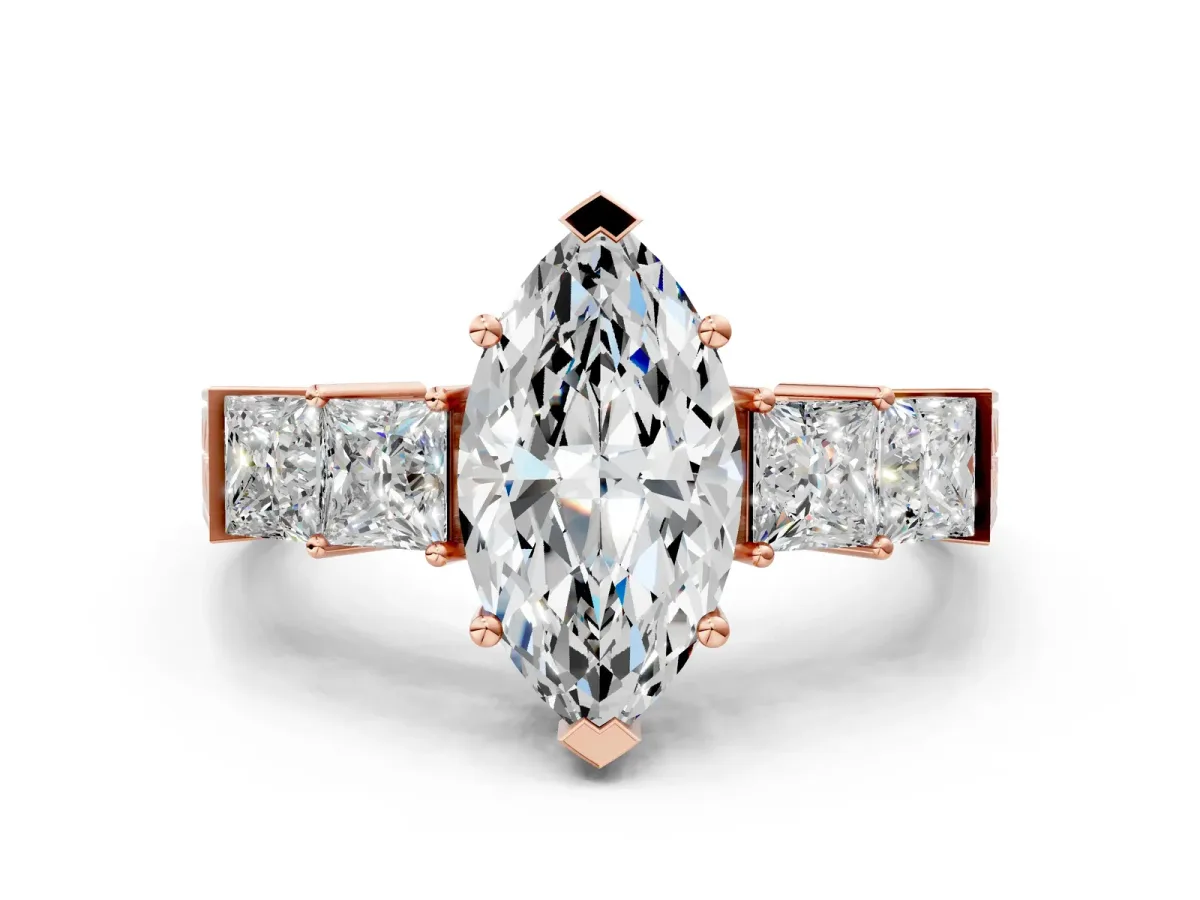 Marquise Cut Solitaire Princess Side Stone Engraved Band Prong Setting Ring Rose gold