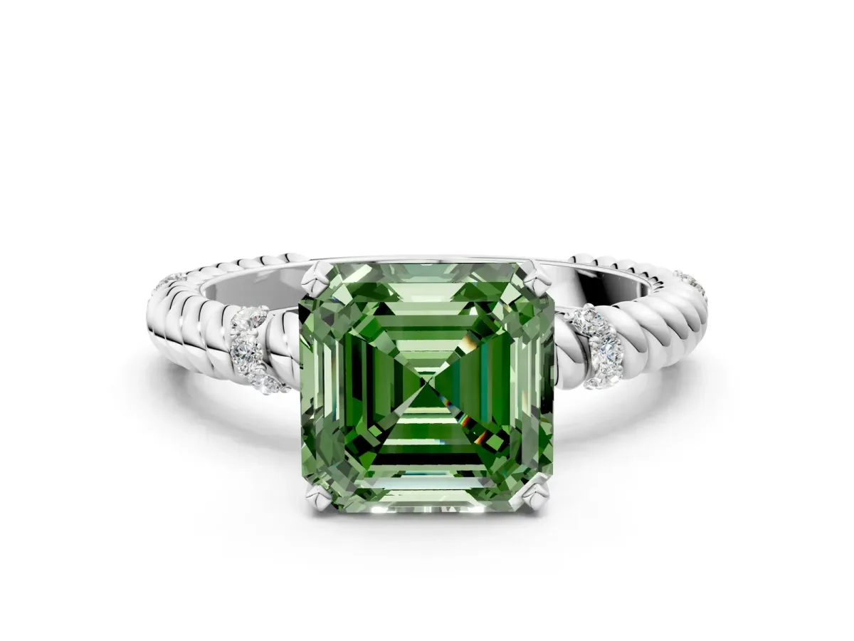 Fancy Green Asscher Cut Solitaire Twisted Band Prong Set Engagement Ring Silver