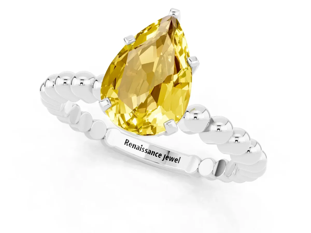 Pear Cut Yellow Sapphire Solitaire Ring with Beaded Band and Prong Setting Platinum