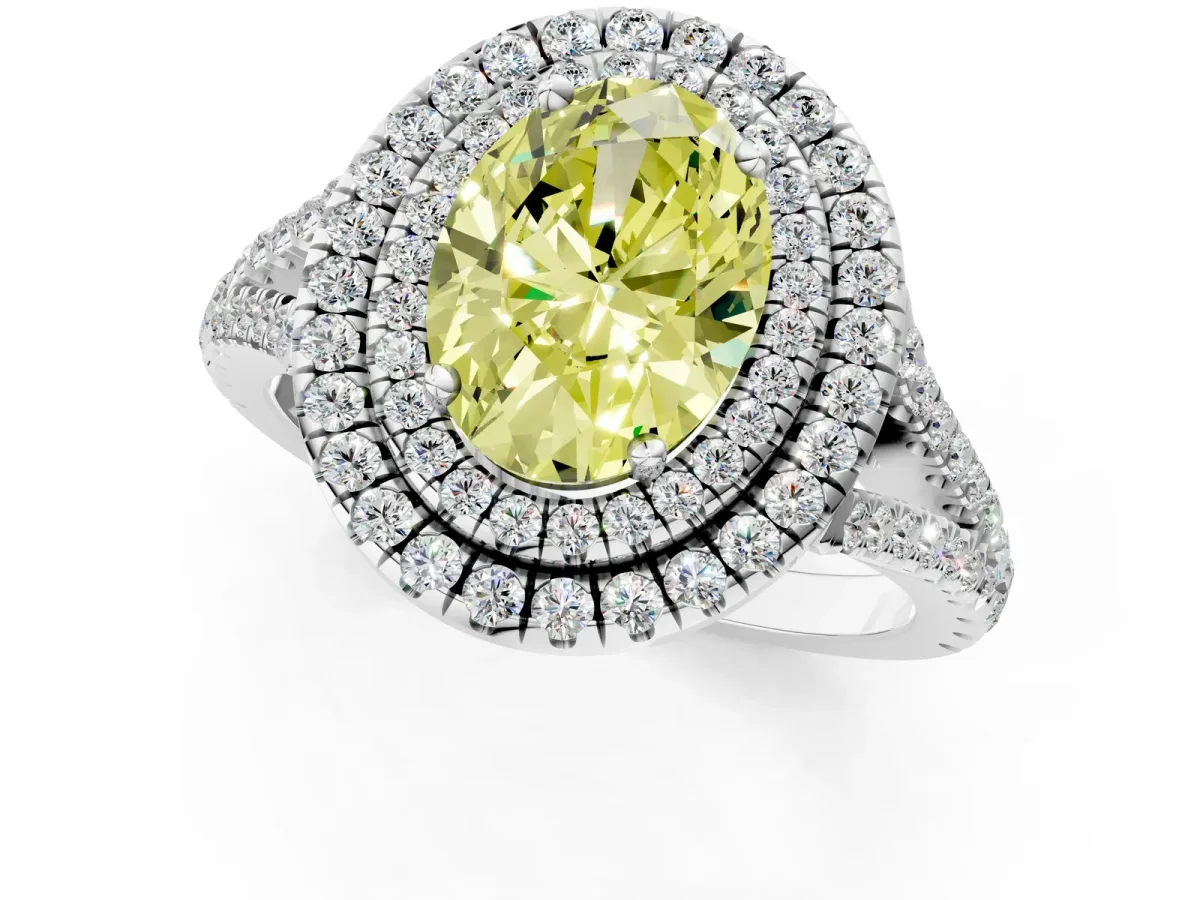 Fancy Yellow Oval Cut Diamond Double Halo Ring with Pavé Band and Prong Setting Silver