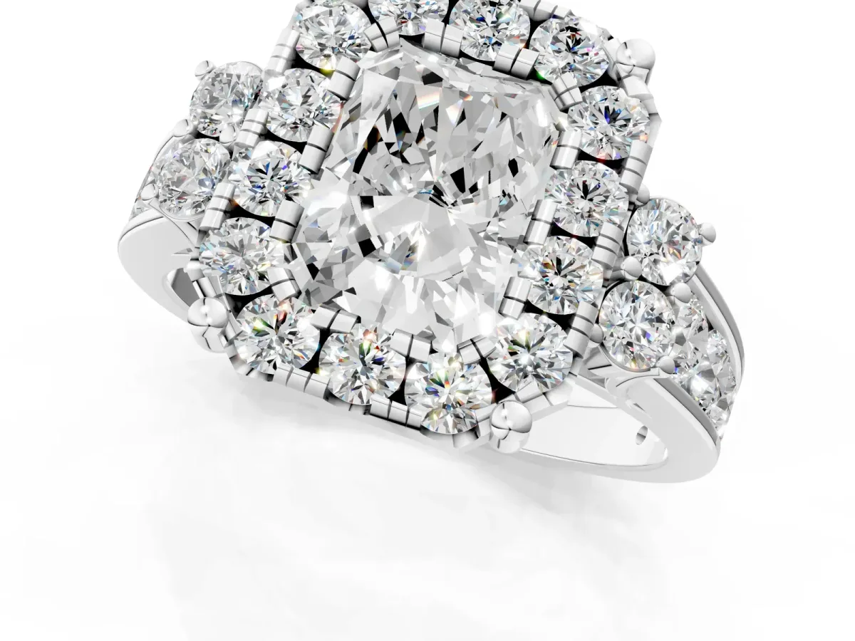 Radiant Cut Halo Diamond Engagement Ring with Split Shank and Four-Prong Setting Platinum
