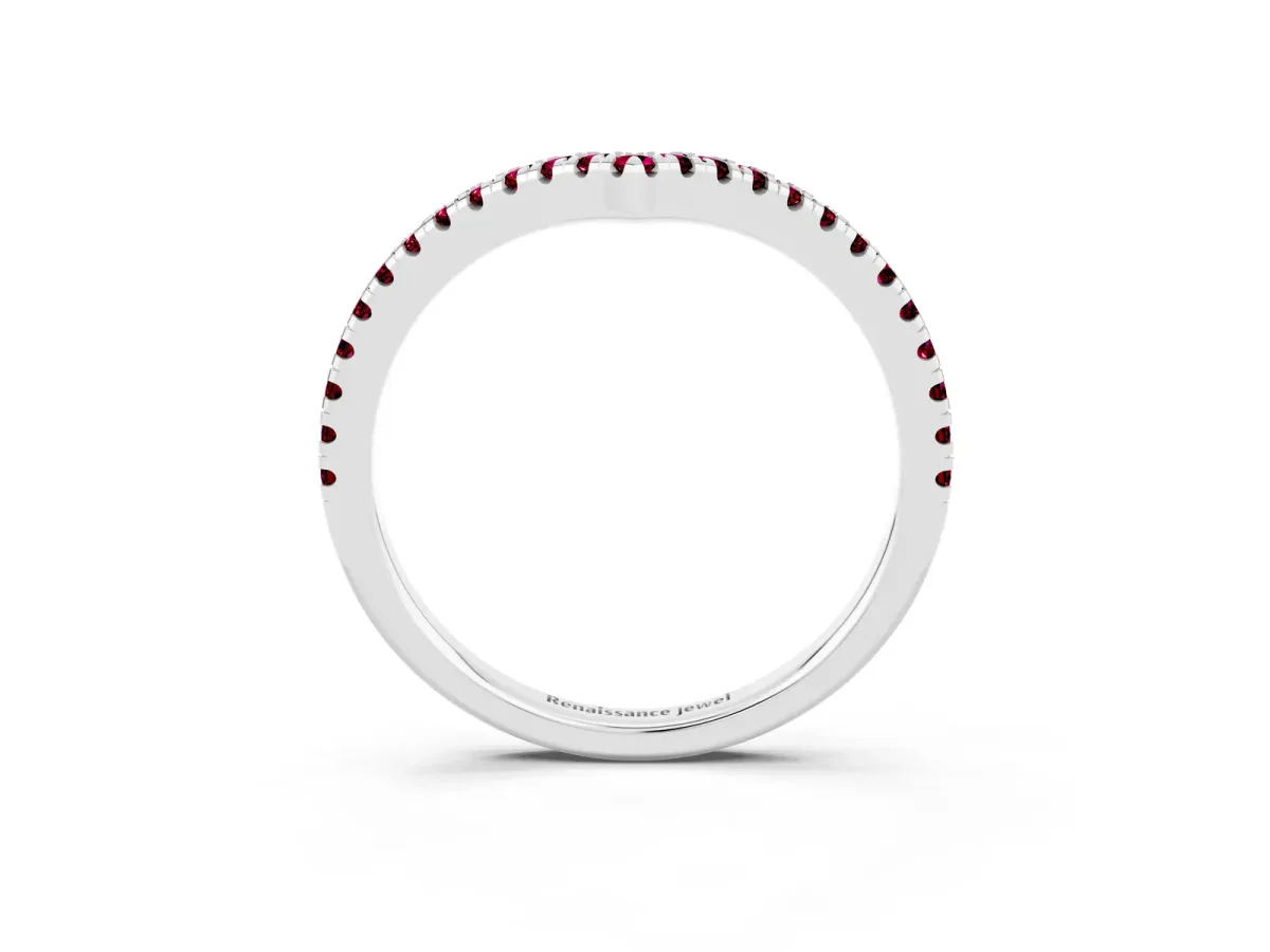 Pavé Round Garnet V-Shaped Chevron Band with Shared Prong Setting Platinum